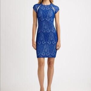 Yigal Azrouel Resort Collection Blue Paisley Jacquard Sheath Dress, 10